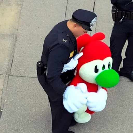 Image similar to photo of yoshi getting arrested for committing tax fraud, BuzzFeed photo (2022)