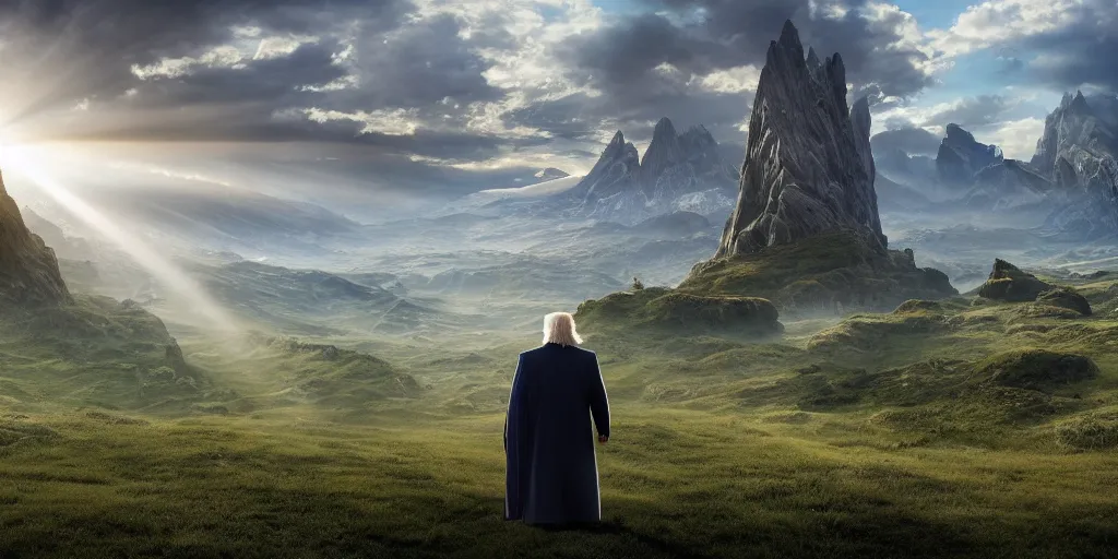 Prompt: a beautiful wide shot of donald trump being gandalf, the panorama of middle earth in the background, intricate detail, god rays, photography, volumetric light, cinematic, 8 k