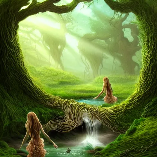 Prompt: beautiful digital fantasy illustration of A woody green field with a stream running through it, with a group of dryad women standing in the water. They seem to be preparing to submerge themselves in the cool, clear waters of the stream. a creepy creature standing in front of a mirror!, concept art by Alex Horley-Orlandelli!!, cgsociety contest winner!!!, cgsociety, fantasy art, highly detailed, soft lighting, rendered in octane, masterpiece, very very very aesthetic