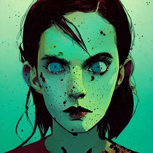 Prompt: Highly detailed portrait of a moody sullen punk zombie young lady with freckles by Atey Ghailan, by Loish, by Bryan Lee O'Malley, by Cliff Chiang, inspired by image comics, inspired by graphic novel cover art, inspired by papergirls !!!vivid green, brown, black, yellow and white paint spatter color scheme ((gradient grafitti tag brick wall background)), trending on artstation