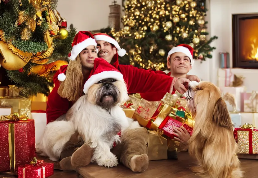 Image similar to A Golden Aztec Warrior Petting his Shih Tzu on Christmas Morning, Warm, Fireplace, Colorful, Holiday