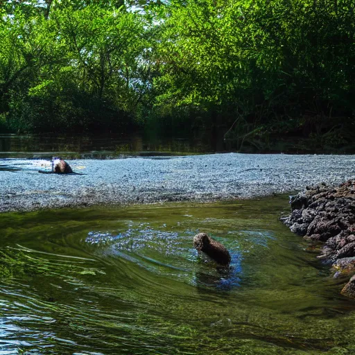 Image similar to One man swimming alongside a lone otter in the river. Award-winning, front view, daylight, photoreallrstic, 4k