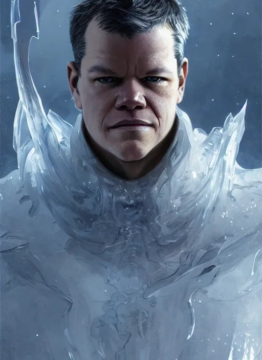 Image similar to character design by james jean, jakub rebelka, tran nguyen, yoann lossel, wadim kashin ( ( ( portrait of matt damon as ice man from xmen ) ) ) emerging from a frozen temple, sharp edges. ultra clear detailed. 8 k. ultra detailed, majestic, intricate