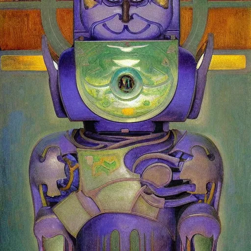 Image similar to ornate robot cat, by annie swynnerton and diego rivera and nicholas roerich and jean delville, symbolist, dramatic lighting, elaborate geometric ornament, art brut, colors are soft greens and blues and purple, smooth, sharp focus, extremely detailed, adolf wolfli and ( donato giancola )