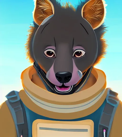 Image similar to digital detailed art of furry female hyena, in style of zootopia, fursona, furry, furaffinity, deviantart, wearing astronaut outfit, floating in space, space background, hyena fursona, cyberpunk, female, detailed face, style of artgerm,