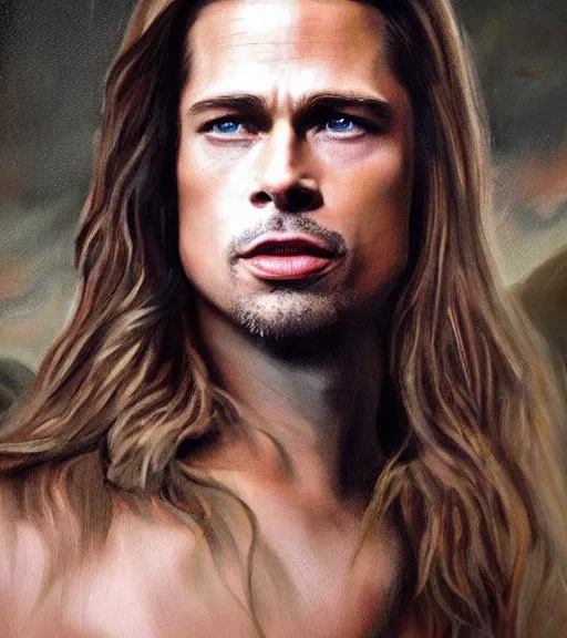 Prompt: humble long brown haired slick, no beard!!!, 2 5 y / o brad pitt as vampire louis du point du lac portrait, atmospheric lighting, painted, solemn, intricate, volumetric lighting, rich deep colours masterpiece, sharp focus, ultra detailed, by leesha hannigan, ross tran, thierry doizon, kai carpenter, ignacio fernandez rios