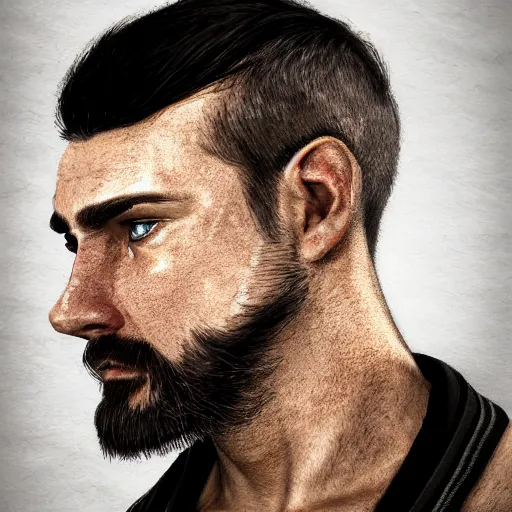 Image similar to realistic head portrait, 30 year old man, Spain :: athletic, angered, short black hair :: chain mail :: high detail, digital art, RPG, concept art, illustration