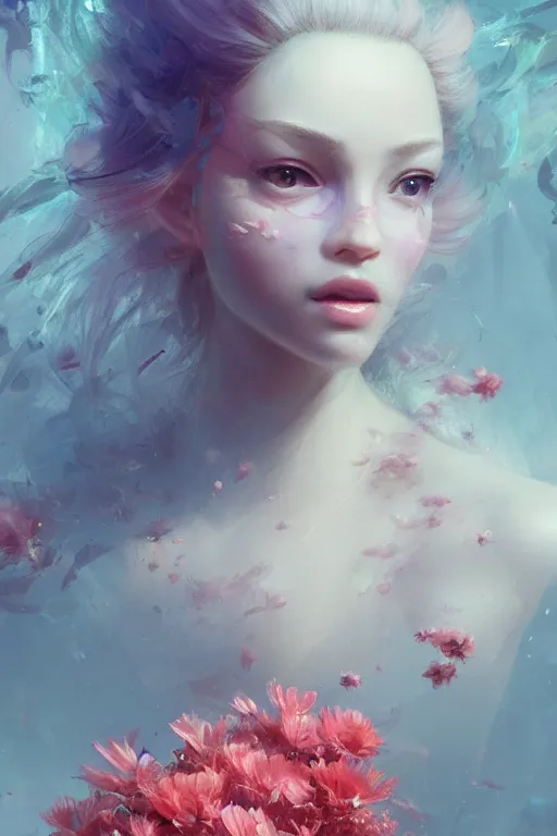 Prompt: face closeup of beautiful girl look like a barbi doll, exploding into coral reef and voronoi fractures, 3 d render, hyper realistic detailed portrait, holding magic flowers, ruan jia, wlop. scifi, fantasy, hyper detailed, octane render, concept art, by peter mohrbacher, by wlop, by ruan jia
