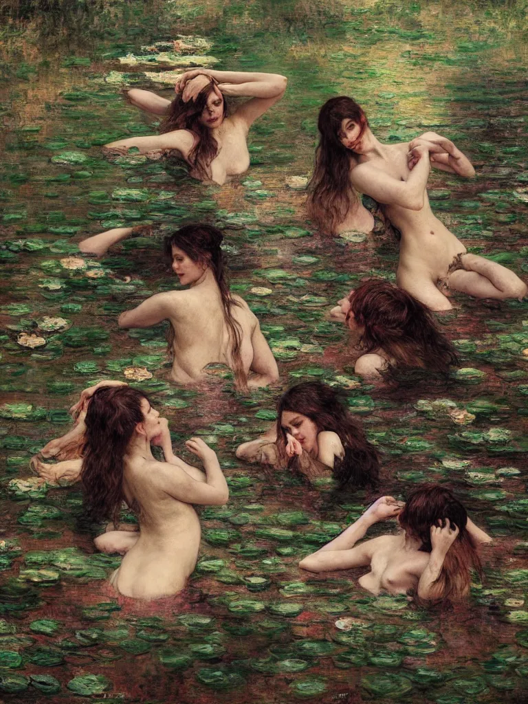 Image similar to illustration studio portrait of three dark beautiful woman bodies mermaids female energy in artistic poses in the river at the forest, monet painterly motives and textures pattern, hyper detailed, octane render, vivid colors, artstation, by jeremy mann, by alphonse mucha, by monet