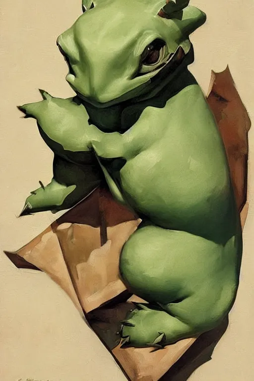 Image similar to bulbasaur, painting by jc leyendecker!! phil hale!, angular, brush strokes, painterly, vintage, crisp