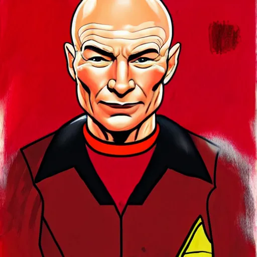 Image similar to a hyper real comic book style portait painting of captain picard with a red dress and lipstick