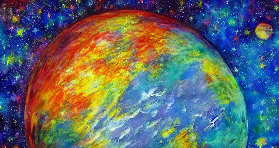 Prompt: award - winning realistic painting of a large planet made of colourful gas, colourful bright stars