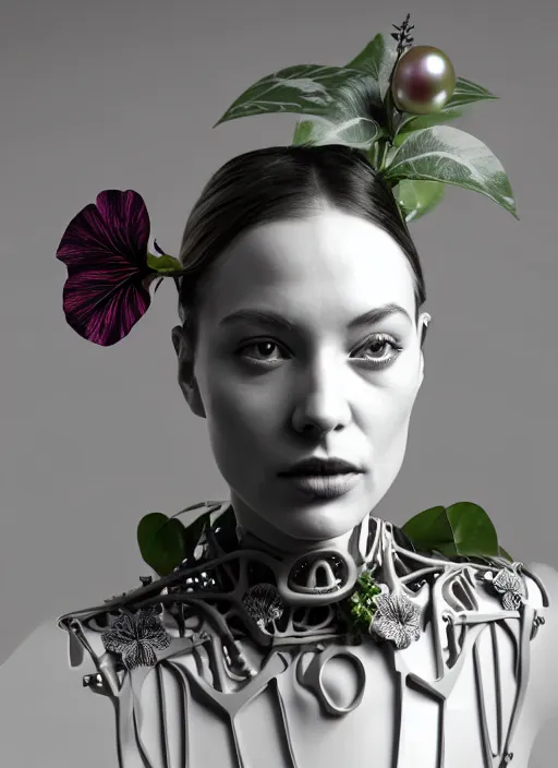 Image similar to monochrome 3 d model, biomechanical young female cyborg with porcelain profile face and a big floral eye, volumetric light, big leaves foliage and stems, hibiscus flowers, boho floral vines, sinuous fine roots, fine foliage lace, alexander mcqueen, rim light, art nouveau fashion pearl embroidered collar, steampunk, octane render, 8 k