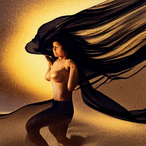 Image similar to filmstill, over the shoulder sketch photography of beautiful female body covered with swirling black translucent blanket blowing in wind, acrylic liquid colors, luxurious supermodel photoshooting, golden jewelry, bokeh, godrays, strong wind, wrinkles, sunrays, sunset, lens flares, monet, renoir, cold colors, concept art, sand dunes, sand dust, melting victorian statue