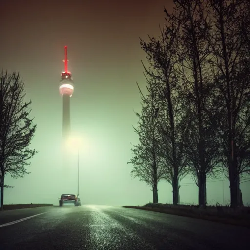 Image similar to television tower behind the trees at night with a man and car on the road in front with the fog, in the style of david lynch, movie camera low aperture