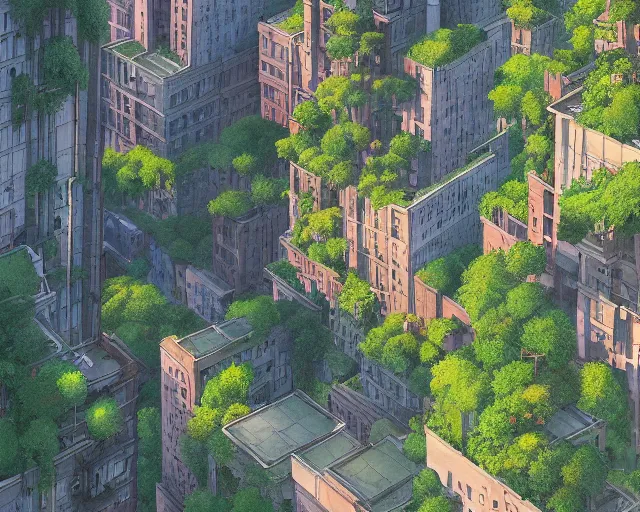 Prompt: a wholesome animation key shot of an overgrown New York covered in nature, overhead shot, wide shot, architecture, studio Ghibli, Pixar and Disney animation, sharp, very detailed, high resolution, inspired by Hayao Miyazaki, anime key art by Greg Rutkowski, Bloom, dramatic lighting