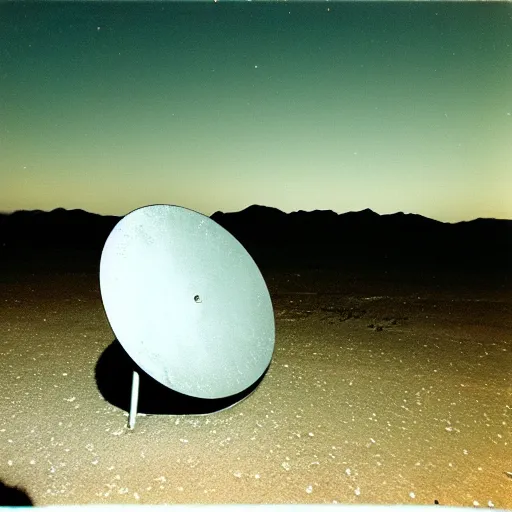 Image similar to a big metal disk over a the desert at night, distant!!, historical photo, old polaroid, expired film,