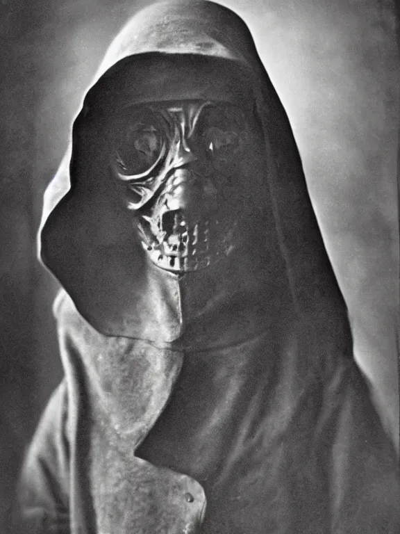 Image similar to portrait of faceless grim reaper with covered face and bright glowing eyes, ww1 photo, grainy, high detail, high resolution,