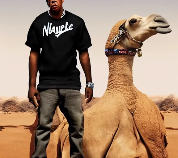 Prompt: portrait of jay - z shawn carter wearing a yankee baseball hat and a black t - shirt, standing next to a camel, sand desert fantasy, matte painting, highly detailed, art by artgerm, artstation