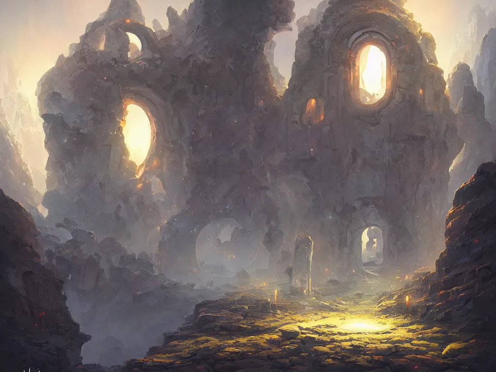 Prompt: ancient portal to another world, painting by Jordan Grimmer,