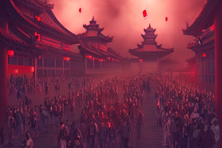 Image similar to lined up crowd is marching toward the chinese palace, big red dragon flying above them, dark atmosphere, light above palace, digital art, trending on artstation