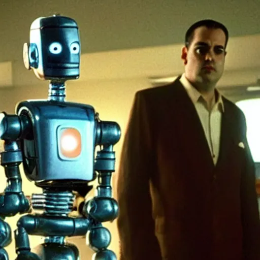 Image similar to Bender the Robot in the Sopranos (1999), highly realistic details, Tony in the background