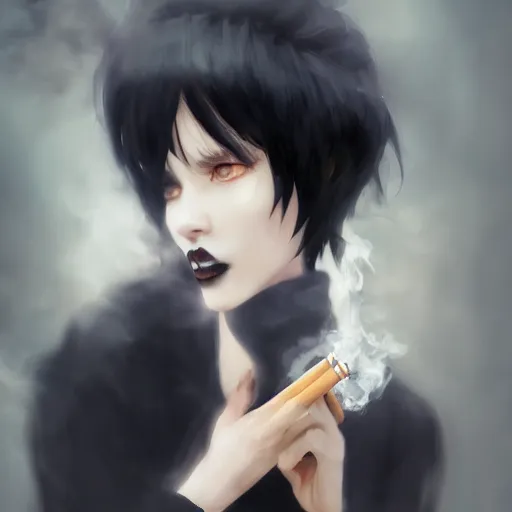 Image similar to black hair woman smoking a cigarette by krenz cushart stu dts yoshiku wlop, white smoke, dramatic lighting, cinematic lighting, back lit, chromatic aberration, white smoke, trending on ArtStation Pixiv, high detail, sharp focus, smooth