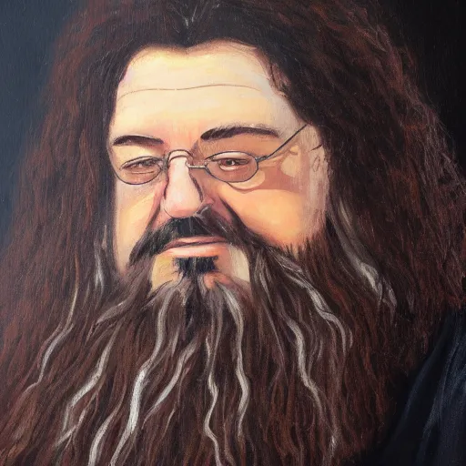 Image similar to thin happy hagrid oil painting