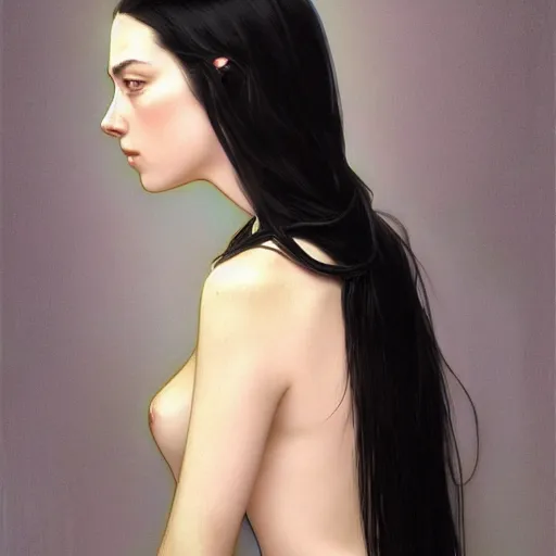 Image similar to portrait of teenage girl with long glossy black hair, glowing skin, delicate features, victoria wallace, stoya, fantasy, intricate, elegant, dress shirt and tie, highly detailed, digital painting, artstation, concept art, smooth, sharp focus, illustration, art by Krenz Cushart and Artem Demura and alphonse mucha