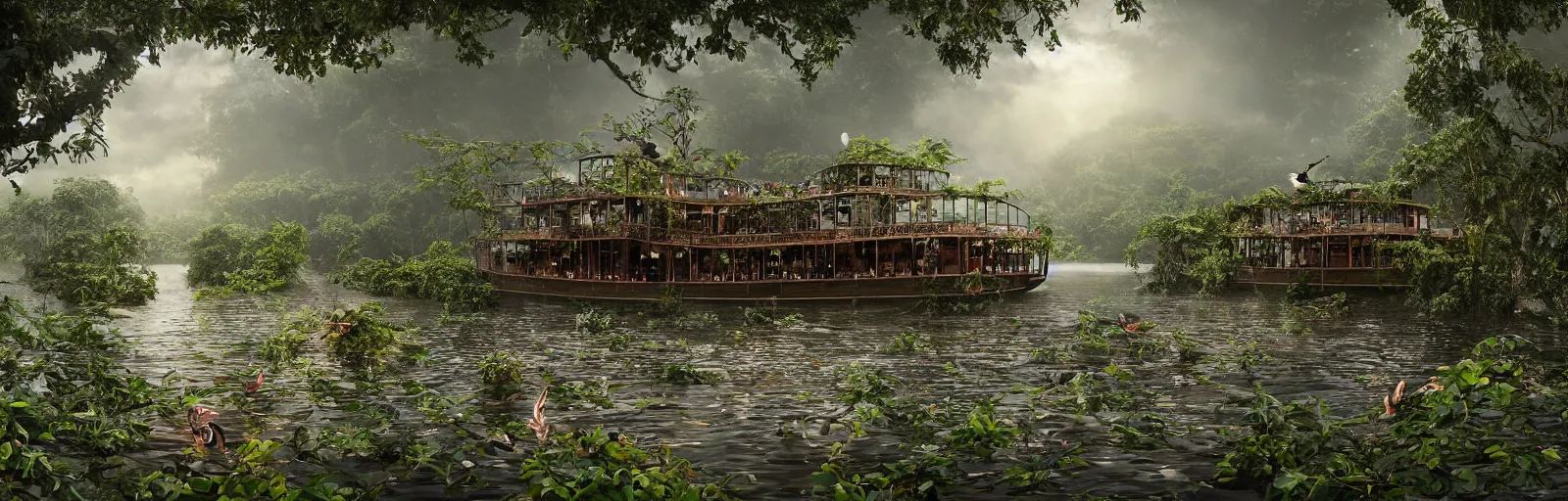 Prompt: A wooden, beautiful 1880's steamboat overgrown with intricate vines, flowers, snakes, anacondas and exotic vegetation floating down on the Amazon river. Faint lights from inside the ship. Steam. Birds circulating. The boat looks like an island. Ecosystem. Photo by Roger Deakins. Photorealistic. Sunset. Volumetric lights. Mist. hyper-maximalistic, with high detail, cinematic, 8k resolution, beautiful detail, insanely complex details.