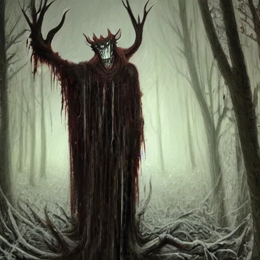 Prompt: cloaked humanoid wendigo feasting on a bloody dear, nighttime located in a snowy dark forest, lurking horror, forboding, high detail, oil painting, style of seb mckinnon