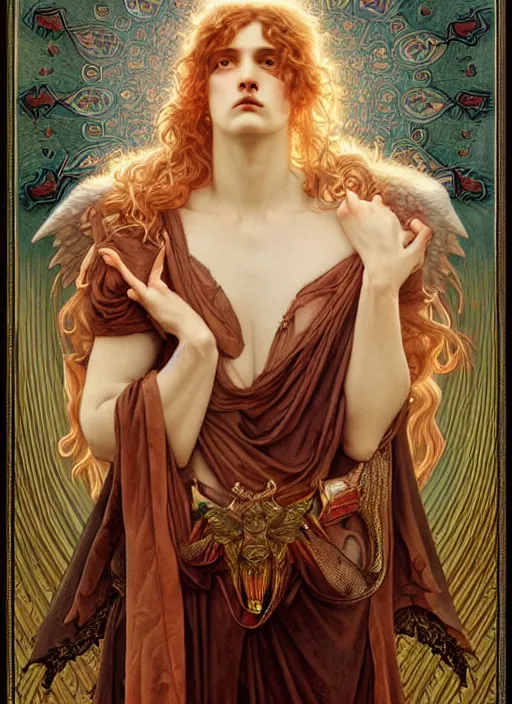 Image similar to majestic satanic death angel porcelain skin man movie poster, art style by edmund leighton, tom bagshaw, alphonse mucha, exquisite digital art, haunting, masterpiece, organic painting, photorealistic, ornate and hyper detailed