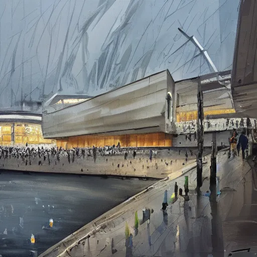 Prompt: a messy painting of The Southbank Centre. Trending on ArtStation.