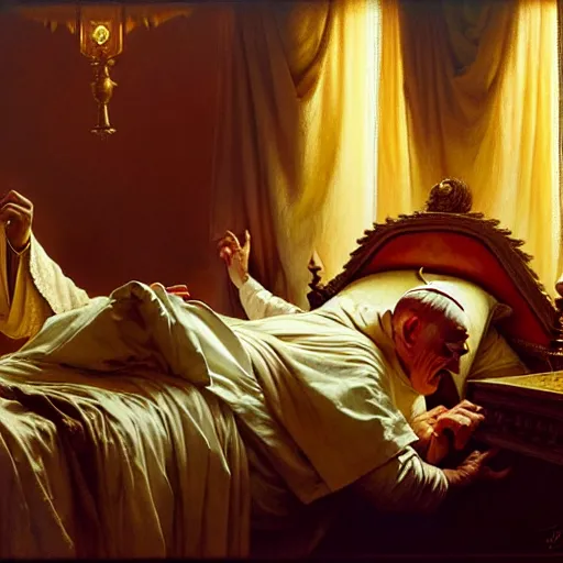 Image similar to the pope wakes up is his bed, sweating, nervous, terrified, because a double horned shadow demon lurks in the papal bedroom. highly detailed painting by gaston bussiere, j. c. leyendecker, greg rutkowski, craig mullins 8 k