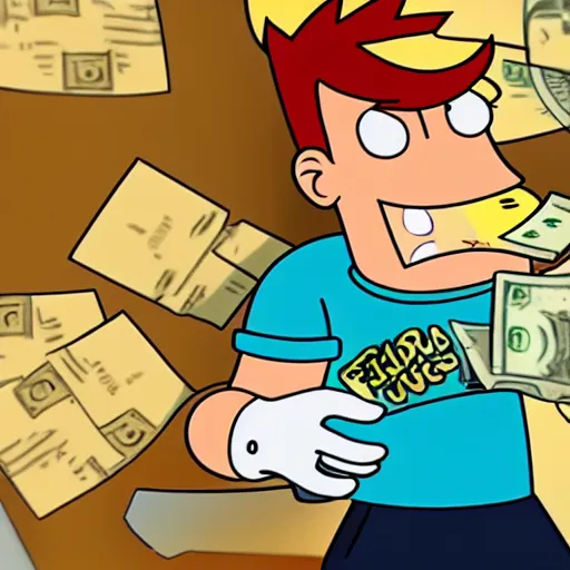 Prompt: fry from futurama holding out his money angrily in the take my money meme, hyper realistic, 8 k, cinematic lighting, sharp focus, 8 k,