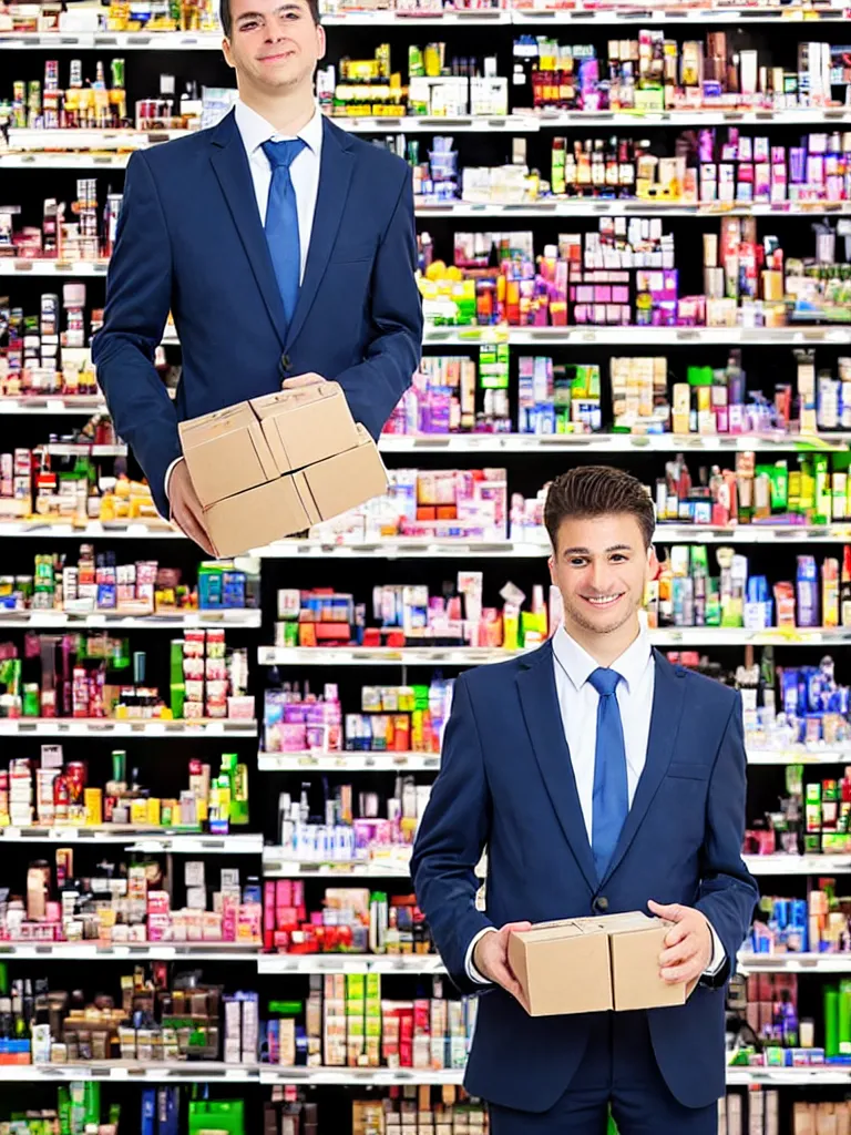 Prompt: a formal portrait photograph of an expanding salesman dissected into cubes. he is stacked on a supermarket shelf in the cosmetic aisle