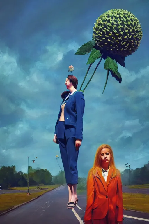 Image similar to closeup giant dahlia flower head, girl in a suit, street, surreal photography, blue sky, sunrise, dramatic light, impressionist painting, digital painting, artstation, simon stalenhag