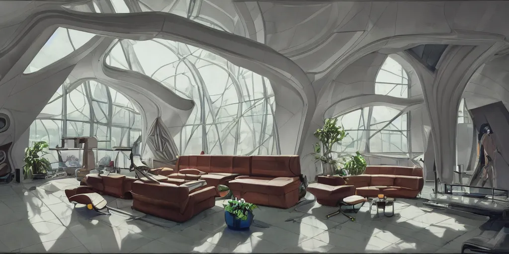 Image similar to a beautiful illustration of futuristic interior hall, lots of furniture, sofa, waiting room, big medium small, sacred geometry, golden ratio, in watercolor gouache detailed paintings, in style of syd mead, trending on artstation,8k, panel, hard surface, vent, zaha hadid, props, plant, cozy,decoration around the room, simon stalenhag, deus ex