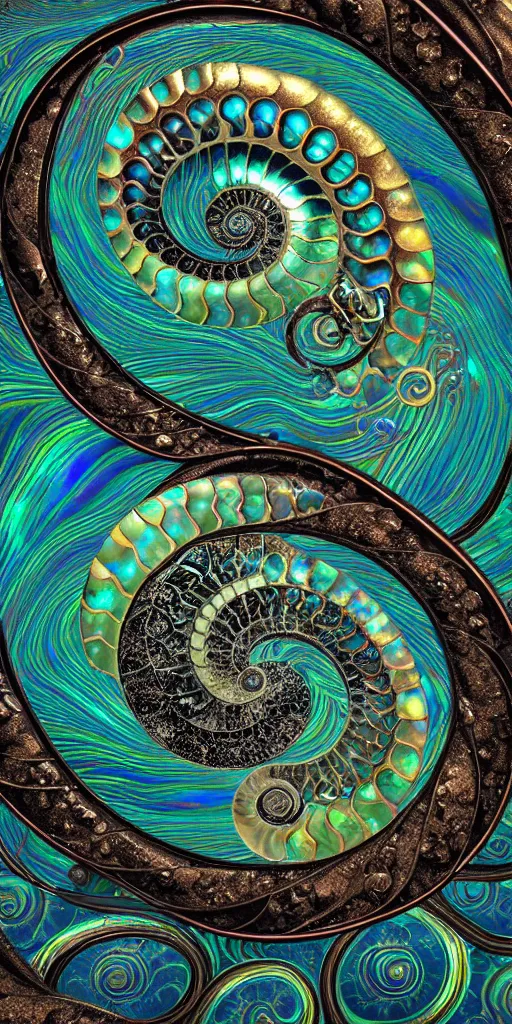 Image similar to art nouveau cresting oil slick waves, ammonite, bubbles in a shiny iridescent oil slick wave, black opals, ornate copper patina art nouveau spiral ornament, rococo, organic rippling spirals, hyperdetailed photorealistic ultrasharp octane render