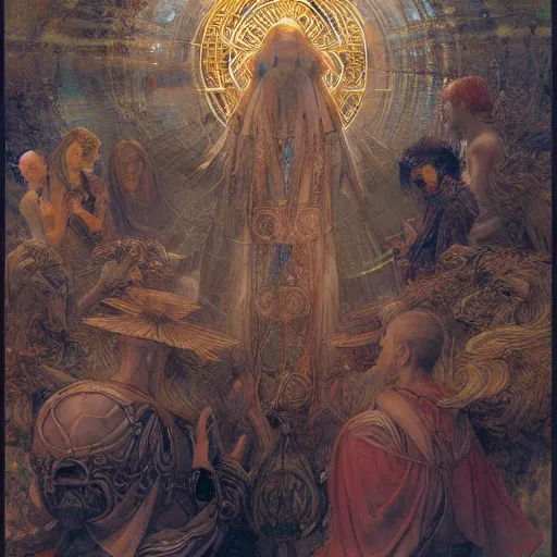 Image similar to disasterpiece truth disciples holy estrangement, by Edgar Maxence and Ross Tran and Michael Whelan and Da Vinci and J.M.W Turner, metal watercolor intricate line drawings, sacred chords, 4k resolution