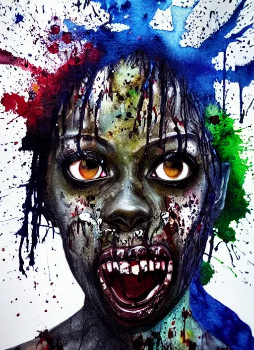 Prompt: african american zombie hollywood artwork professional acting headshot, hyperrealism, intricate detail, studio lighting, charming expression gesicht, hauntingly beautiful zombie, watercolor art, epic, legendary, drawn and painted, colored layers, dulled contrast, exquisite fine art, splatterpaint