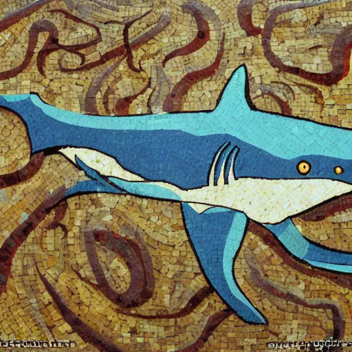 Image similar to impressionist mosaic of shark eating squid