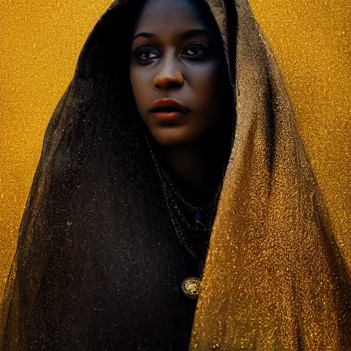 Image similar to a portrait of a young black woman wearing a long dark cloak, hood and shadows covering face, holding golden chains, oil painting, matte painting, black background, Volumetric Golden dappled dynamic lighting, Highly Detailed, Cinematic Lighting, Unreal Engine, 8k, HD, by Beksinski