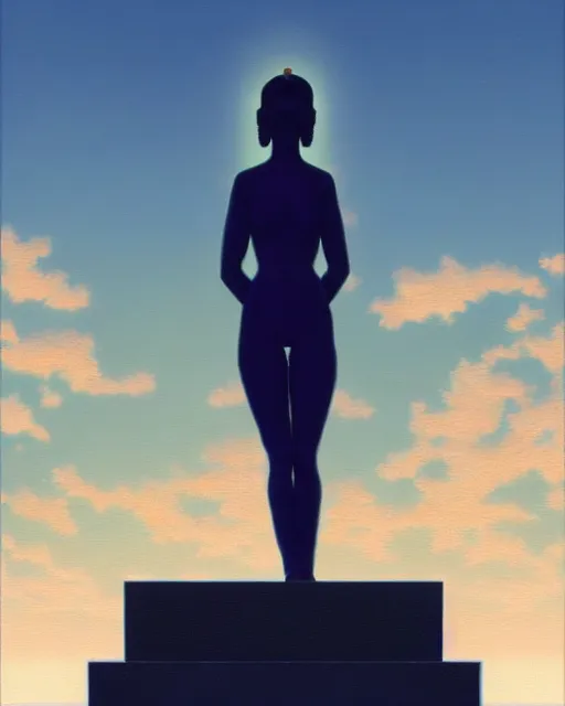 Image similar to a painting of a woman standing in front of a statue, a screenshot by stanley twardowicz, cgsociety, aestheticism, aesthetic, vaporwave, anime aesthetic