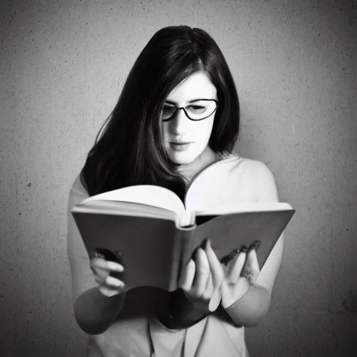 Image similar to a beautiful women readinf a book, nerdy, award winning photo, greyscale