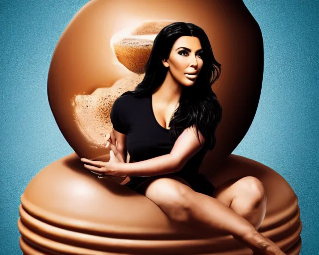 Prompt: Kim Kardashian living inside a giant cup of coffee, cinematic, highly detailed, HD, 4K, professional image, professional lighting