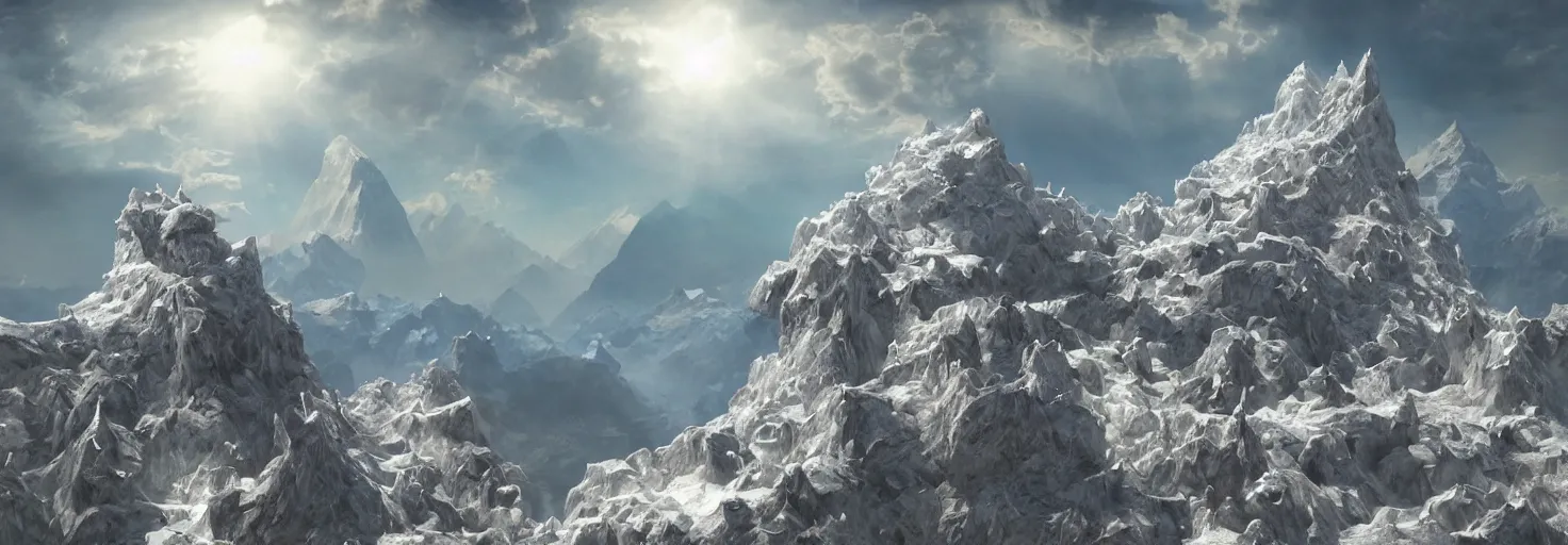 Prompt: intricate crystallographic citadel structure architecture on top of the himalayas over a cloudscapes, by albert bierstadt, by glen small, realism, photorealism, octane render, unreal engine, volumetric light, depth of field, volumetric clouds, god rays, lens flares, detailed, intricate, digital art, deviant art, mandelbulb 3 d