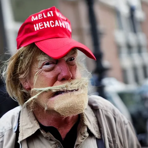 Image similar to donald trump dressed as a homeless man asking for money on the streets, detailed face