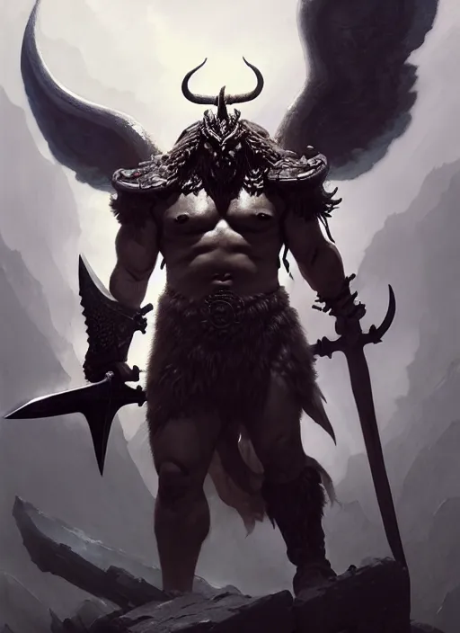 Prompt: a barbarian male horned darkin with a huge sword and wings, dim light, front game card, marvel comics, dark, intricate, highly detailed, smooth, artstation, digital illustration by ruan jia and mandy jurgens and artgerm and wayne barlowe and greg rutkowski and zdislav beksinski