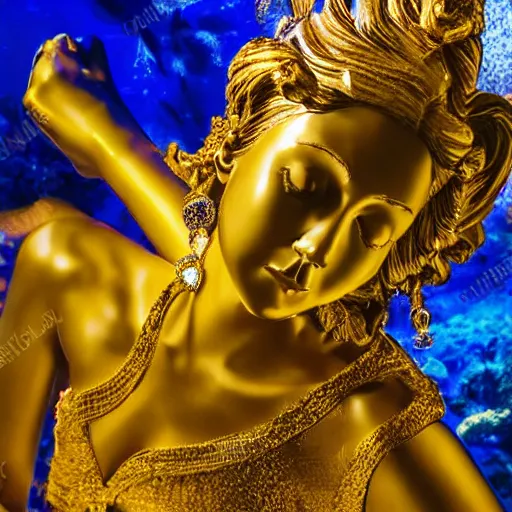 Prompt: a golden statue of a princess near a aquarium, studio lighting, award-winning photograph